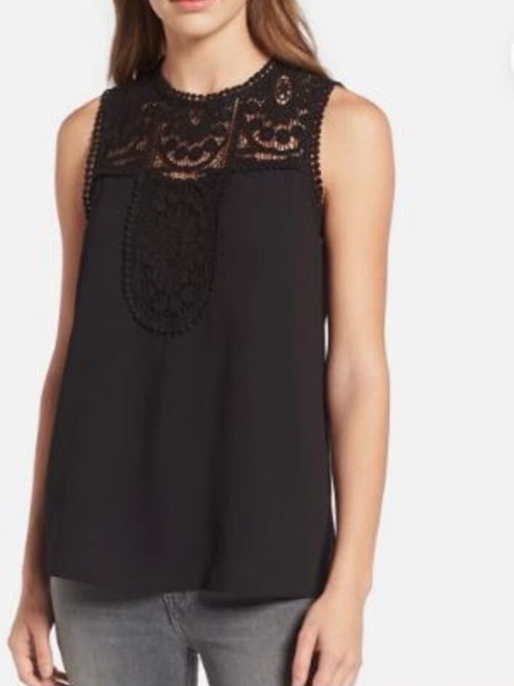NWT Halogen Size Small Lace Pompom Top Blouse Black Swing Boho Fairy Sleeveless